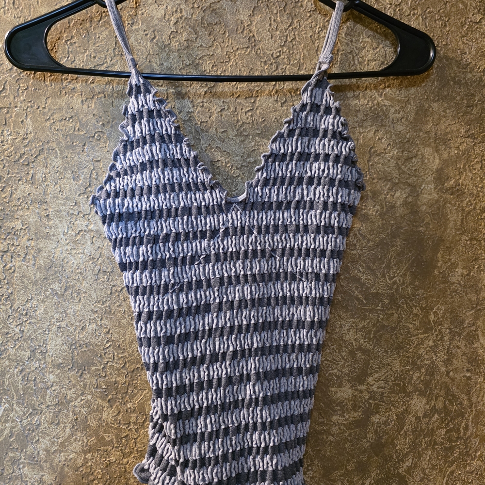 Free People Smocked Bodysuit in Gray and Black
